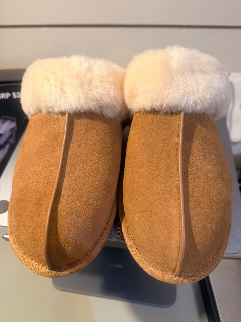 UGG Tan Suede Slip-On Sheepskin Slippers with Cream Lining - Picture 2 of 6